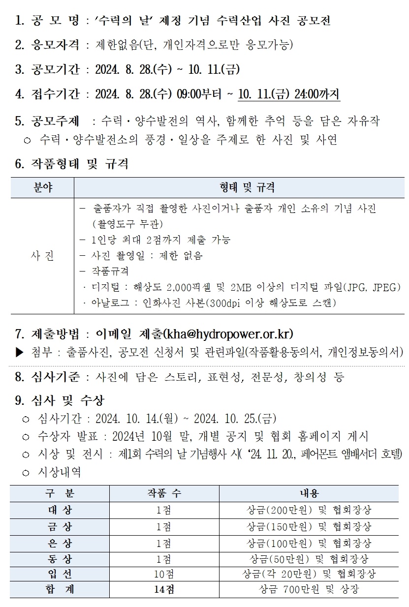 '수력의 날' 제정 기념 수력산업 사진공모전